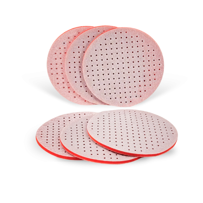 Red multi-hole Soft Touch abrasive discs for sanding curved and delicate surfaces